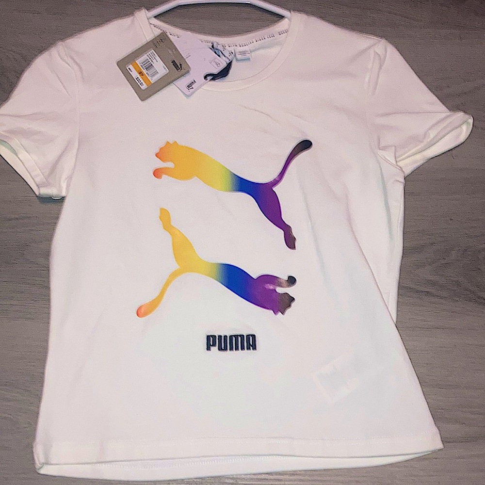 PUMA Girls  White Fitted Logo Graphic Short Sleeve Crew Neck T-Shirt S
